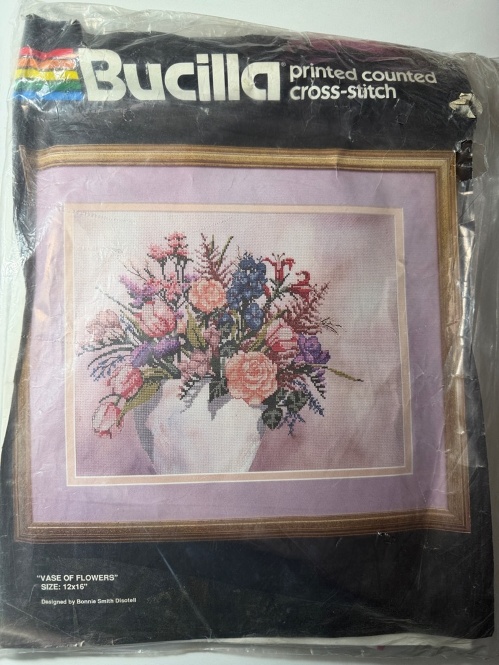 Bucilla Pink, Purple and Blue Bouquet Cross-Stitch Kit Vase of flowers